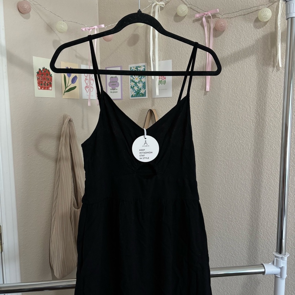 ୨୧ ・゚✧ ANRABESS Causal Spaghetti V Neck Cutout Linen Wide Leg One Piece Jumpsuit - Picture 3 of 8